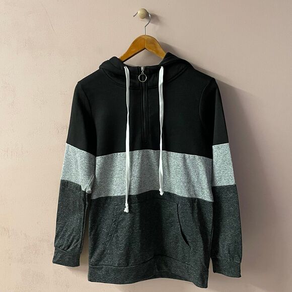 Barlver NWOT Black & Gray Striped Quarter Zip Pullover Hoodie Size S - Picture 9 of 11